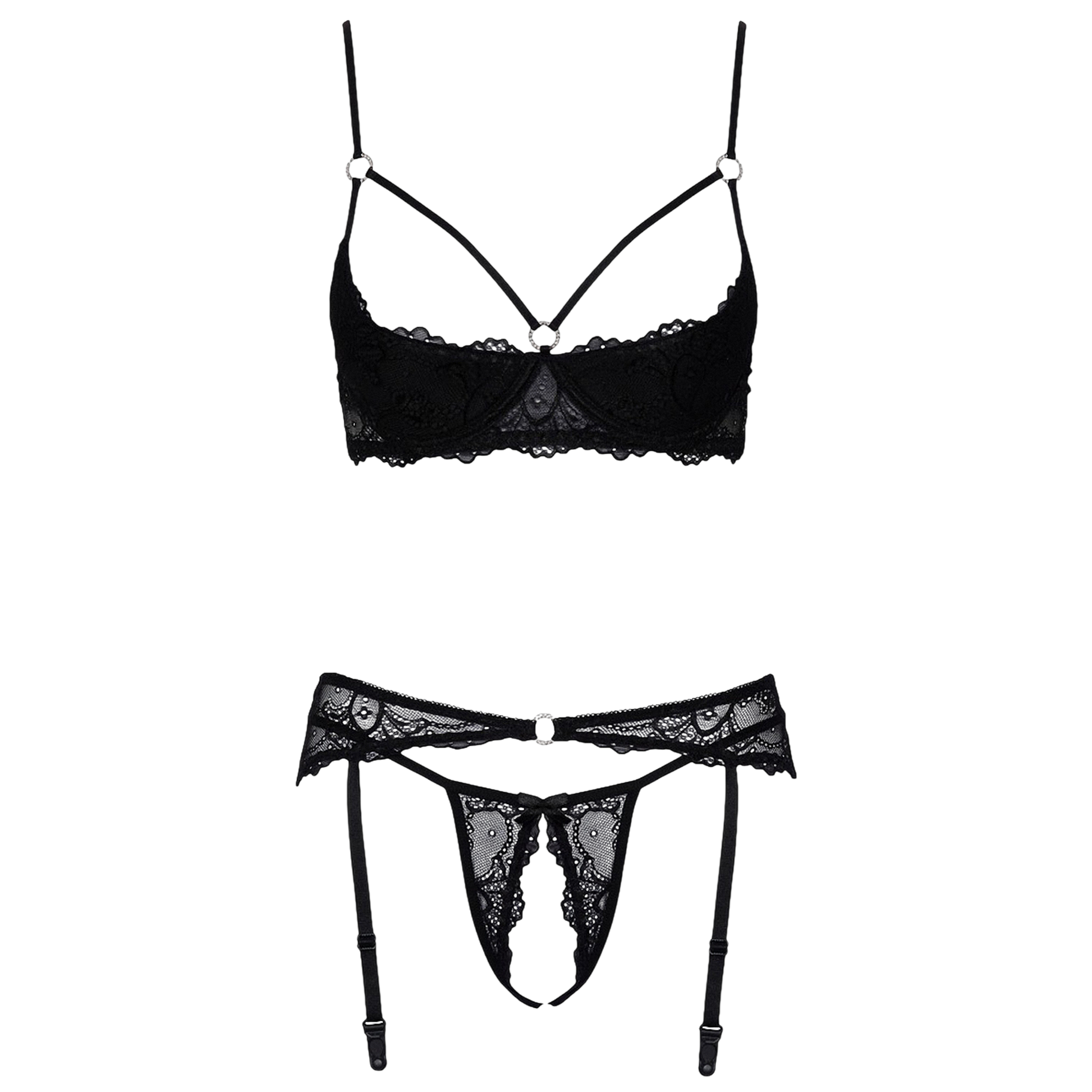 Détail soutien-gorge ouvert dentelle noire avec lanières et anneaux strass Cotelli Lingerie - Oh My God'Z
