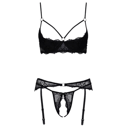 Détail soutien-gorge ouvert dentelle noire avec lanières et anneaux strass Cotelli Lingerie - Oh My God'Z
