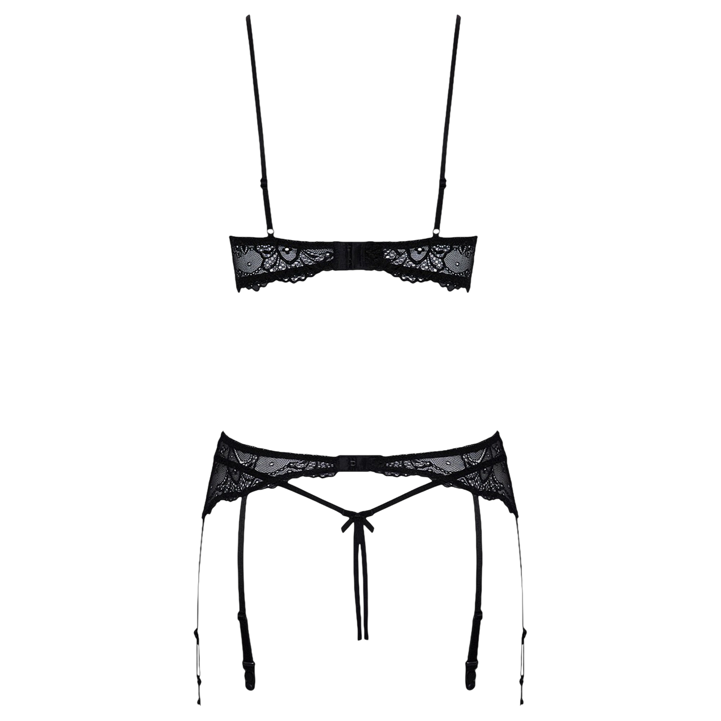 Porte-jarretelles et string ouvert en dentelle noire assortis, vue à plat - Oh My God'Z
