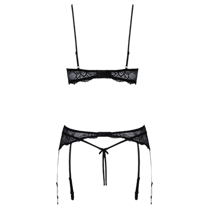 Porte-jarretelles et string ouvert en dentelle noire assortis, vue à plat - Oh My God'Z
