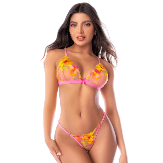 Ensemble lingerie rose brodé de fleurs jaunes en maille transparente, soutien-gorge et string Mapalé - Oh My God'Z