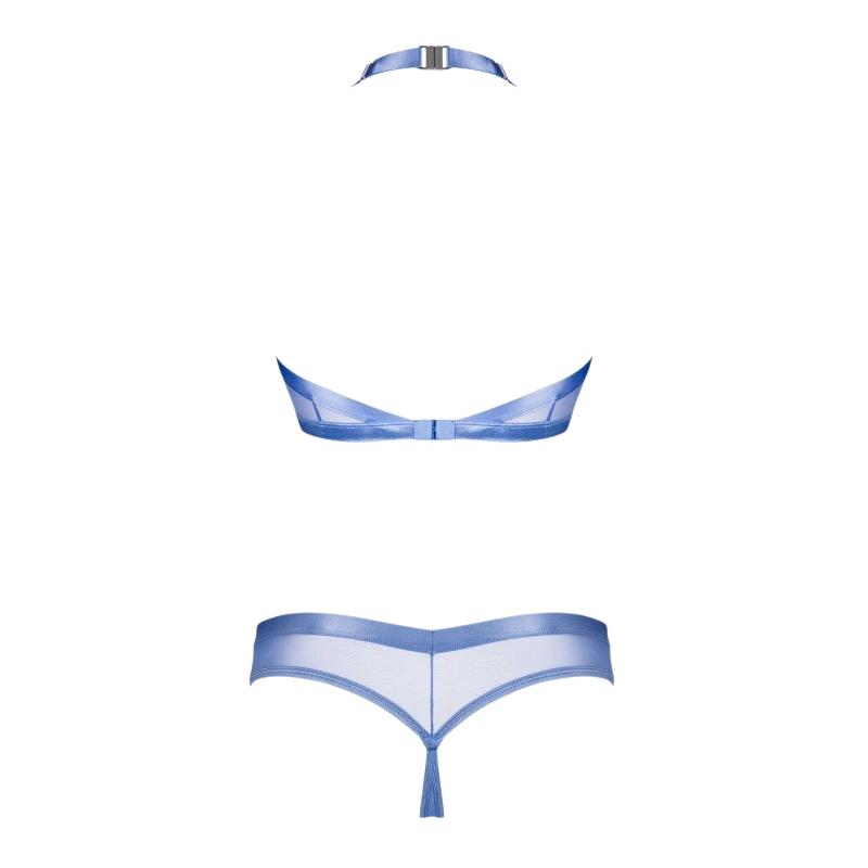 Vue à plat de l'ensemble Shaderi bleu : top halter transparent et string avec bandes croisées - Oh My God'Z