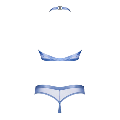 Vue à plat de l'ensemble Shaderi bleu : top halter transparent et string avec bandes croisées - Oh My God'Z