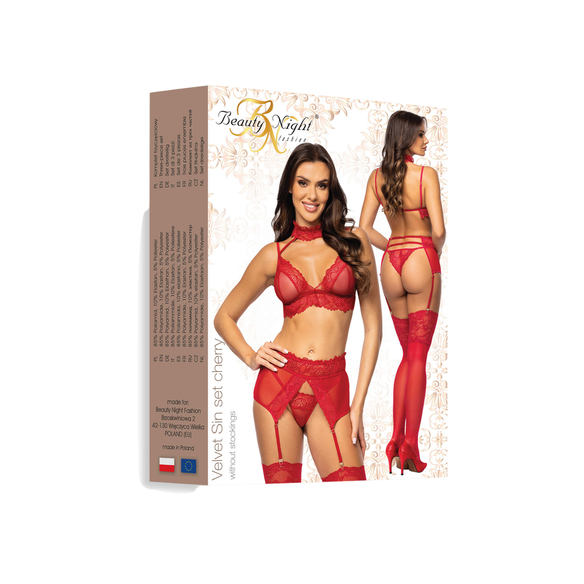 Dos du coffret Velvet Sin set cherry Beauty Night, ensemble lingerie rouge dentelle, composition - Oh My God'Z