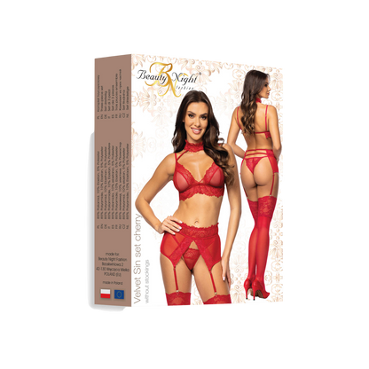 Dos du coffret Velvet Sin set cherry Beauty Night, ensemble lingerie rouge dentelle, composition - Oh My God'Z