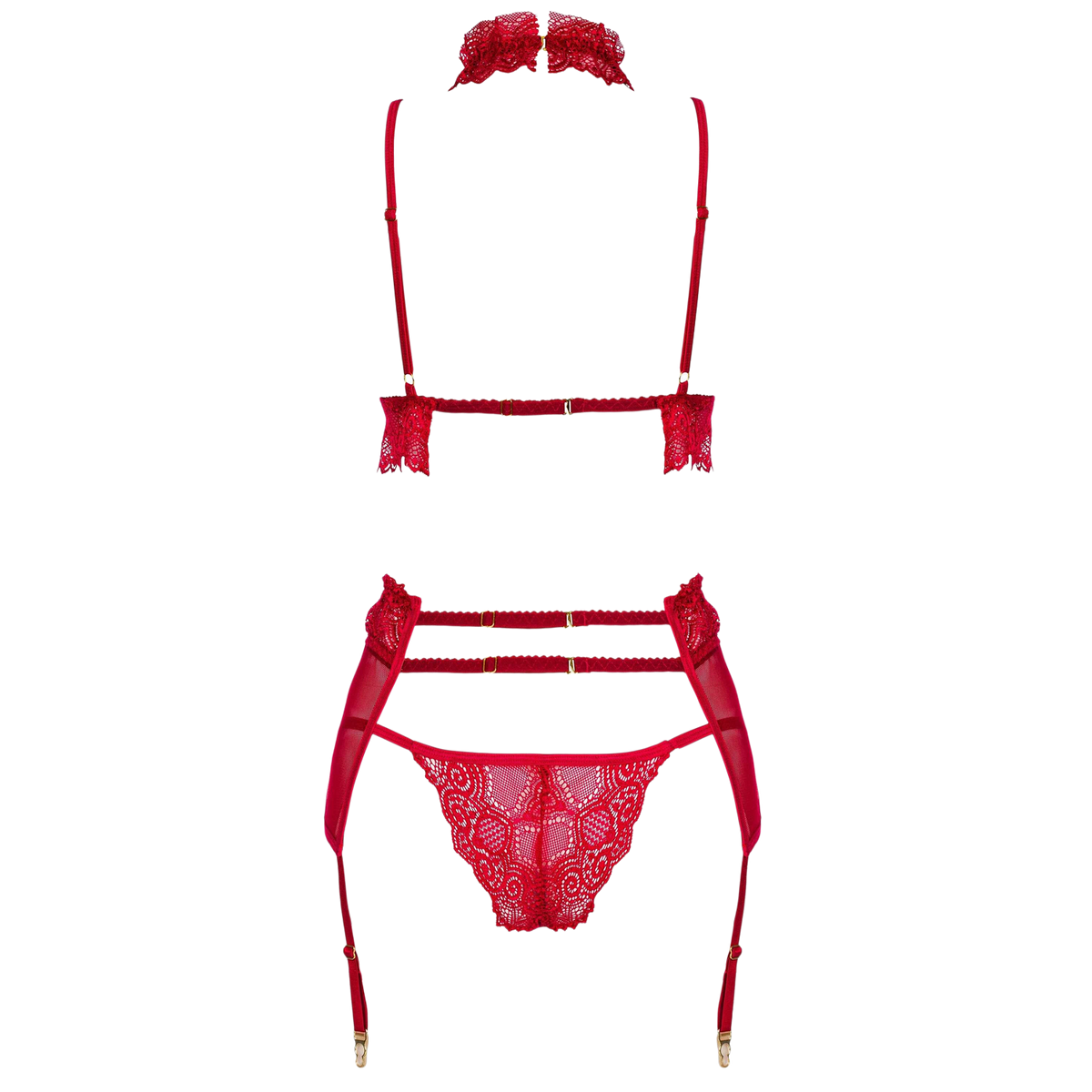 Dos de l'ensemble lingerie rouge Velvet Sin a plat : bretelles reglables, string dentelle, jarretelles - Oh My God'Z