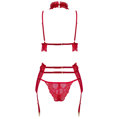 Dos de l'ensemble lingerie rouge Velvet Sin a plat : bretelles reglables, string dentelle, jarretelles - Oh My God'Z