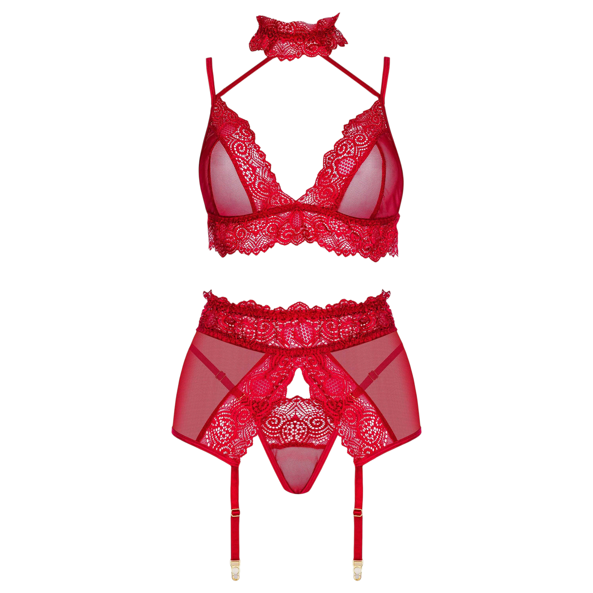 Ensemble lingerie rouge Velvet Sin a plat : bralette dentelle, porte-jarretelles et ras de cou - Oh My God'Z