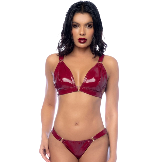 Ensemble lingerie deux pièces en vinyle bordeaux brillant avec soutien-gorge triangle et string - Oh My God'Z