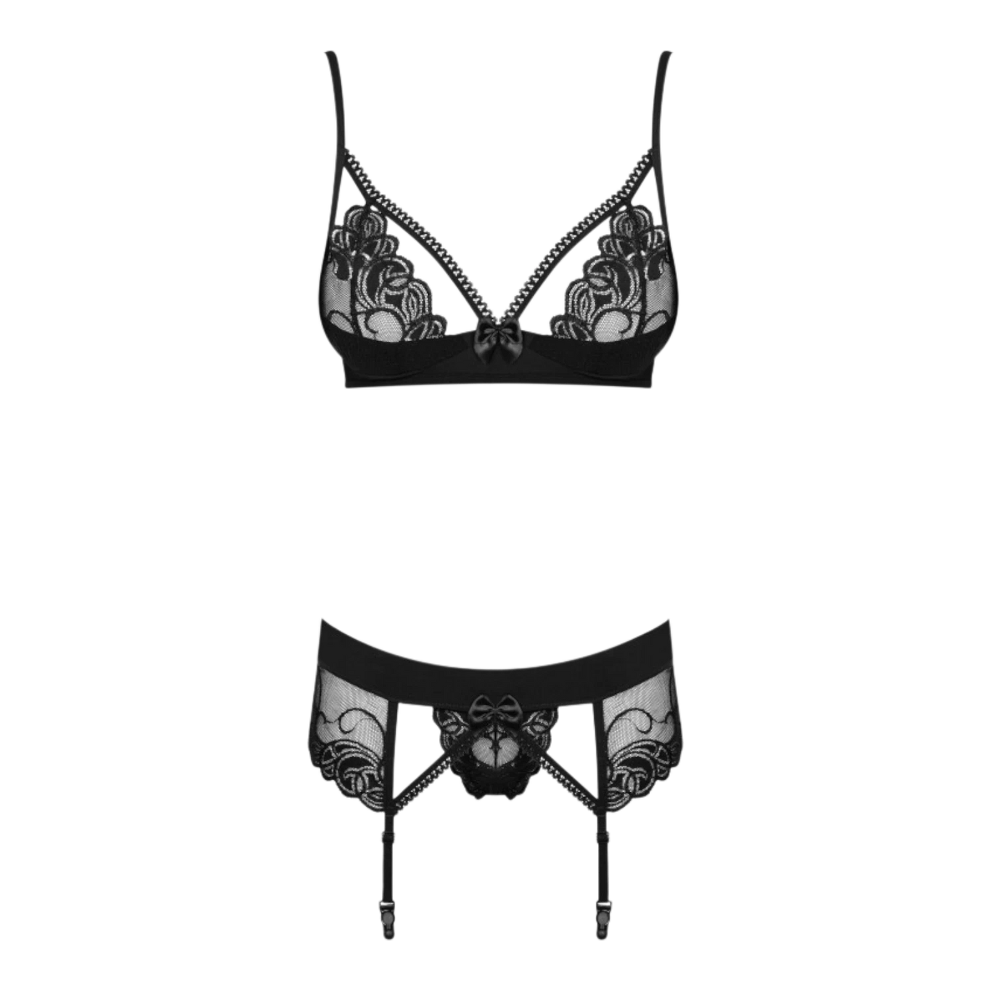 Détail soutien-gorge push-up et porte-jarretelles noir Wonderia en dentelle avec nœuds satin, vue produit seul - Oh My God'Z