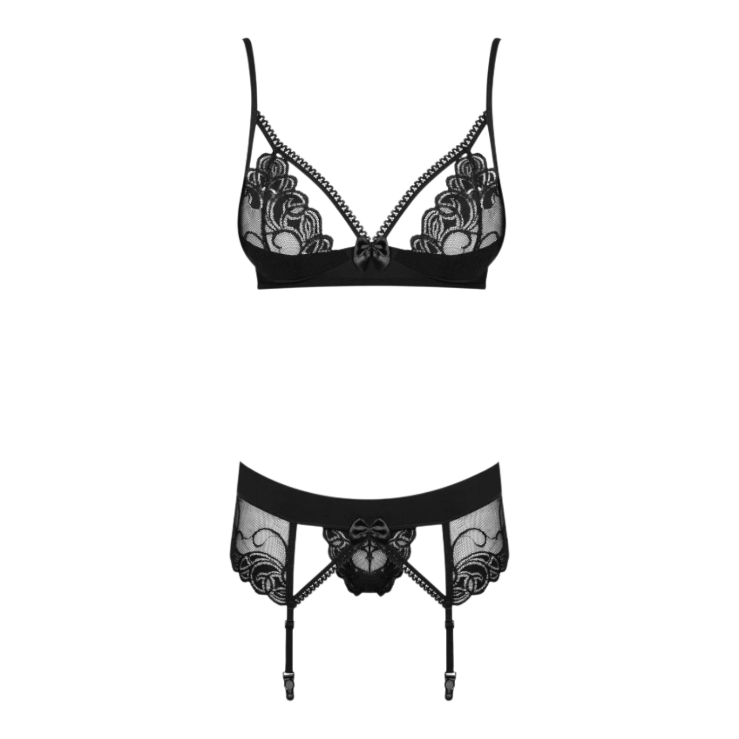 Détail soutien-gorge push-up et porte-jarretelles noir Wonderia en dentelle avec nœuds satin, vue produit seul - Oh My God'Z