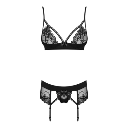 Détail soutien-gorge push-up et porte-jarretelles noir Wonderia en dentelle avec nœuds satin, vue produit seul - Oh My God'Z