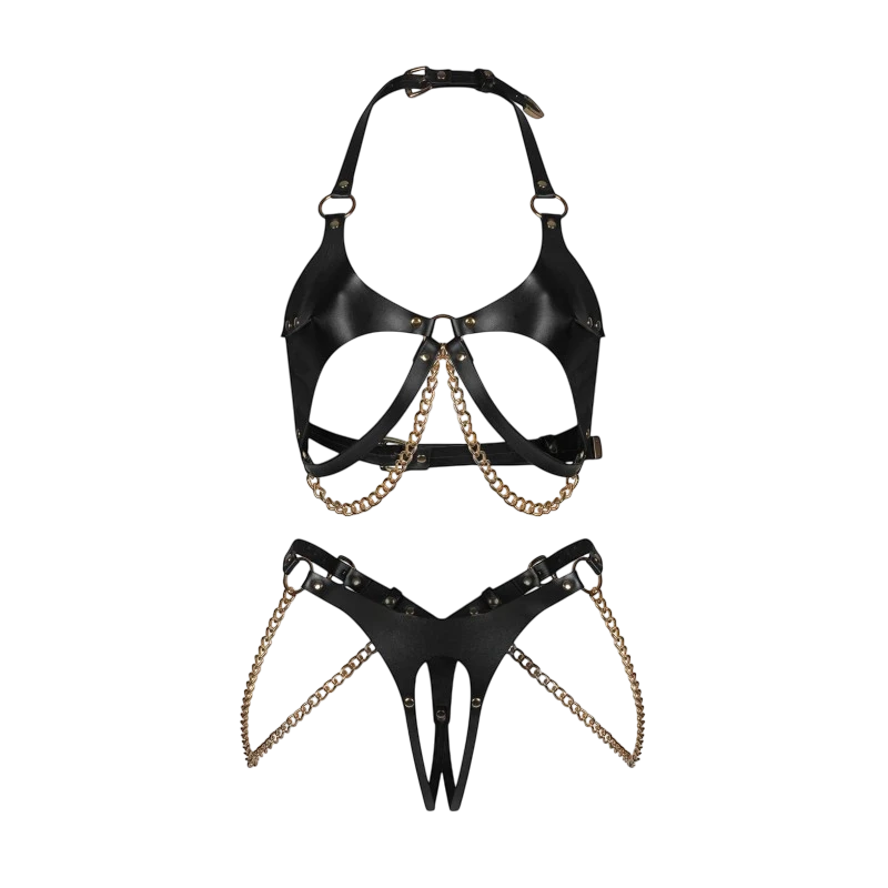 Soutien-gorge et string Anyya noir ouvert en simili cuir avec chaînes dorées, vue produit à plat - Oh My God'Z