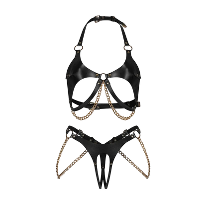 Soutien-gorge et string Anyya noir ouvert en simili cuir avec chaînes dorées, vue produit à plat - Oh My God'Z