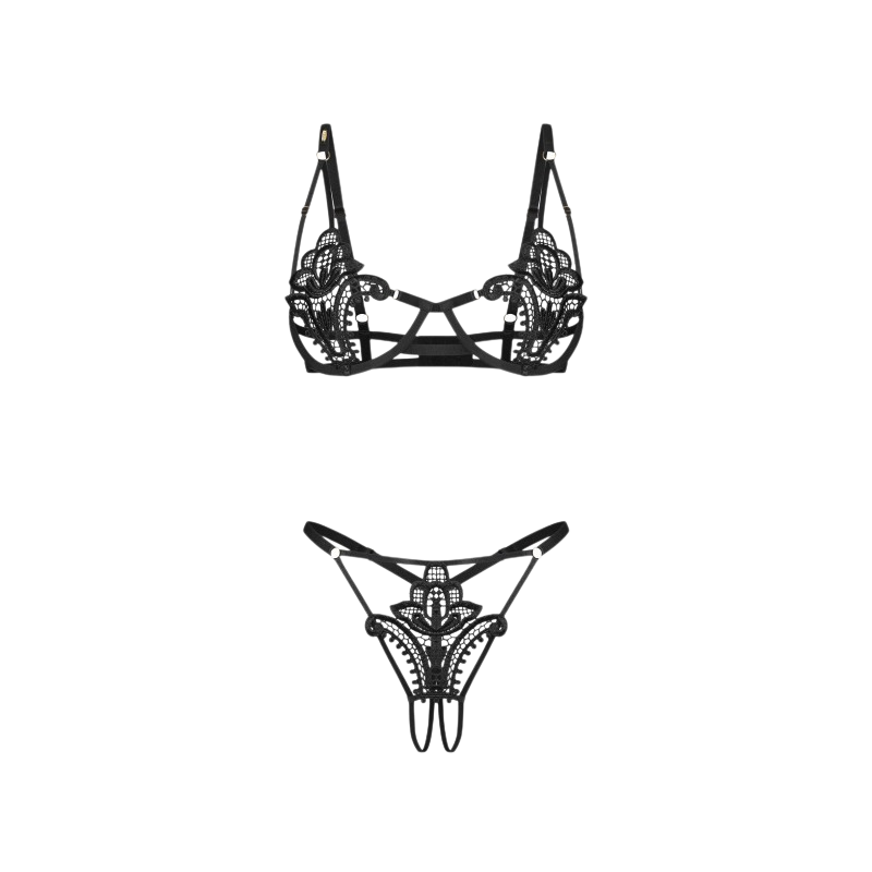 Ensemble Luise Sublim noir a plat : soutien-gorge a armatures en dentelle et string ouvert ajoure - Oh My God'Z