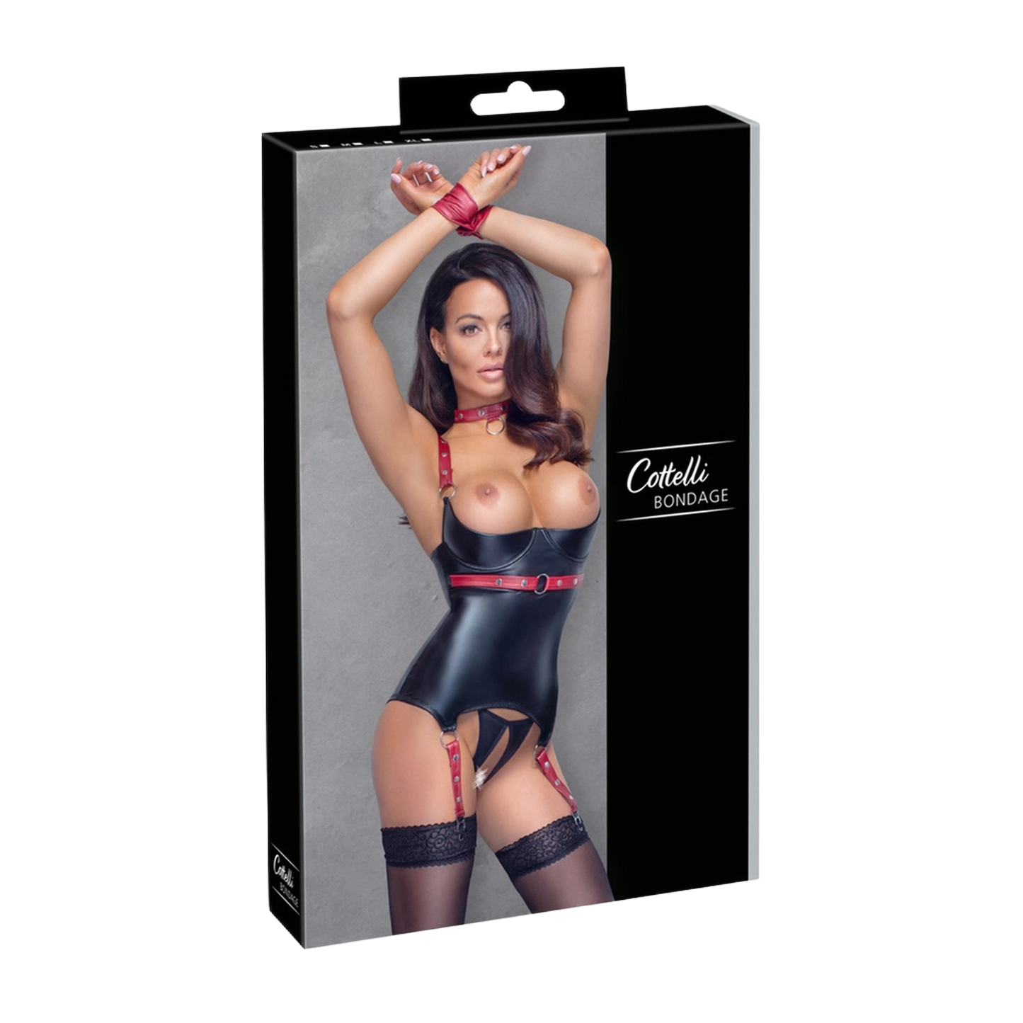 Packaging premium de l'ensemble bondage Cottelli avec vue de la guêpière, collier à anneau et menotte manchette rouge
