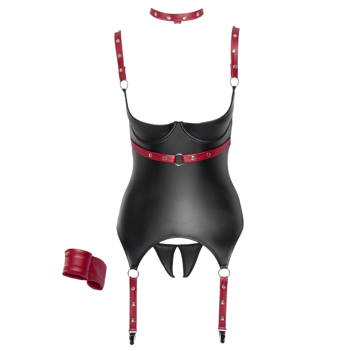 Détails de l'ensemble porte-jarretelles Cottelli Bondage : guêpière, string ouvert, collier, menotte et accessoires rouges
