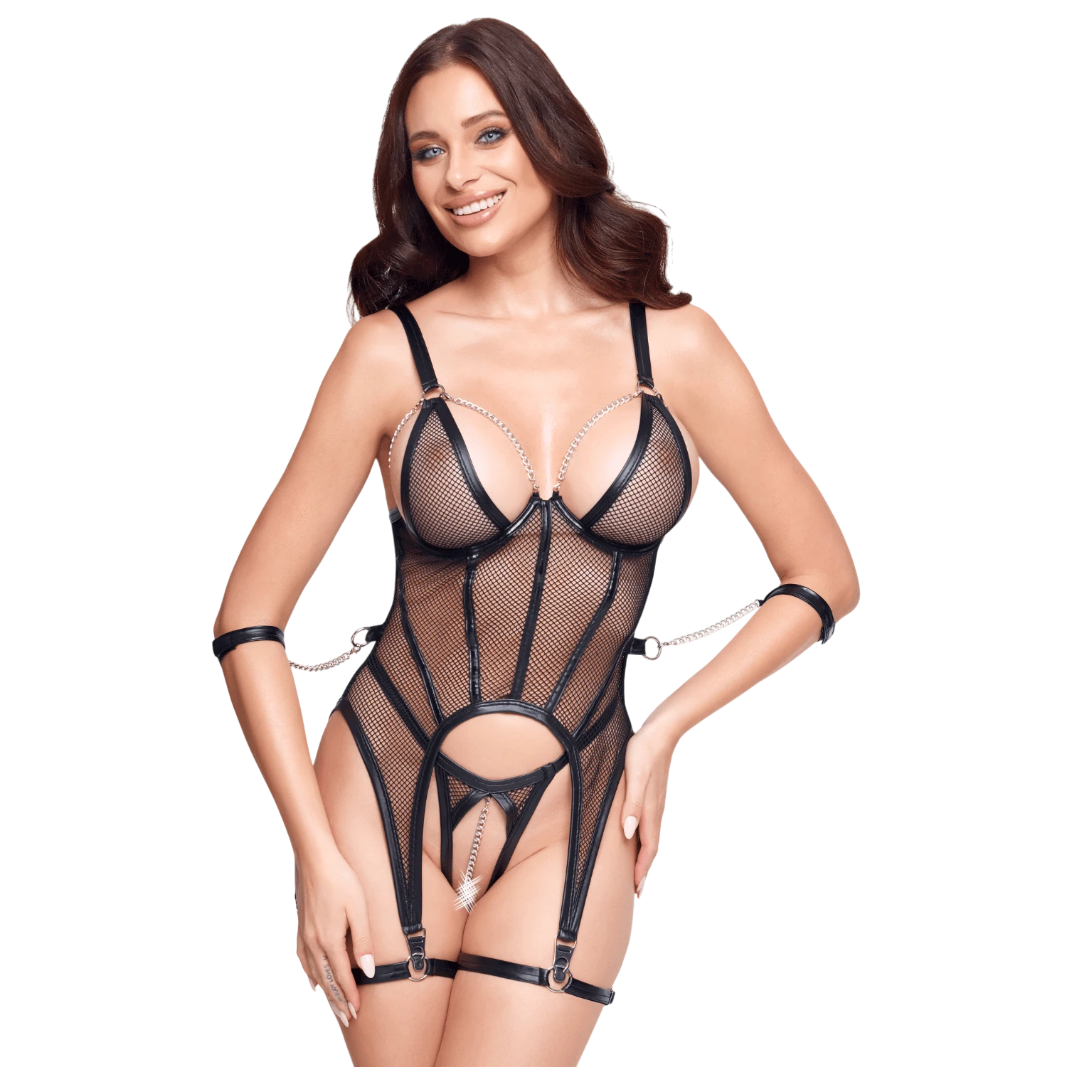 Ensemble porte-jarretelles et string ouvert en résille noire avec menottes et chaînes décoratives - Oh My God'Z