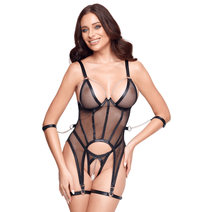 Ensemble porte-jarretelles et string ouvert en résille noire avec menottes et chaînes décoratives - Oh My God'Z