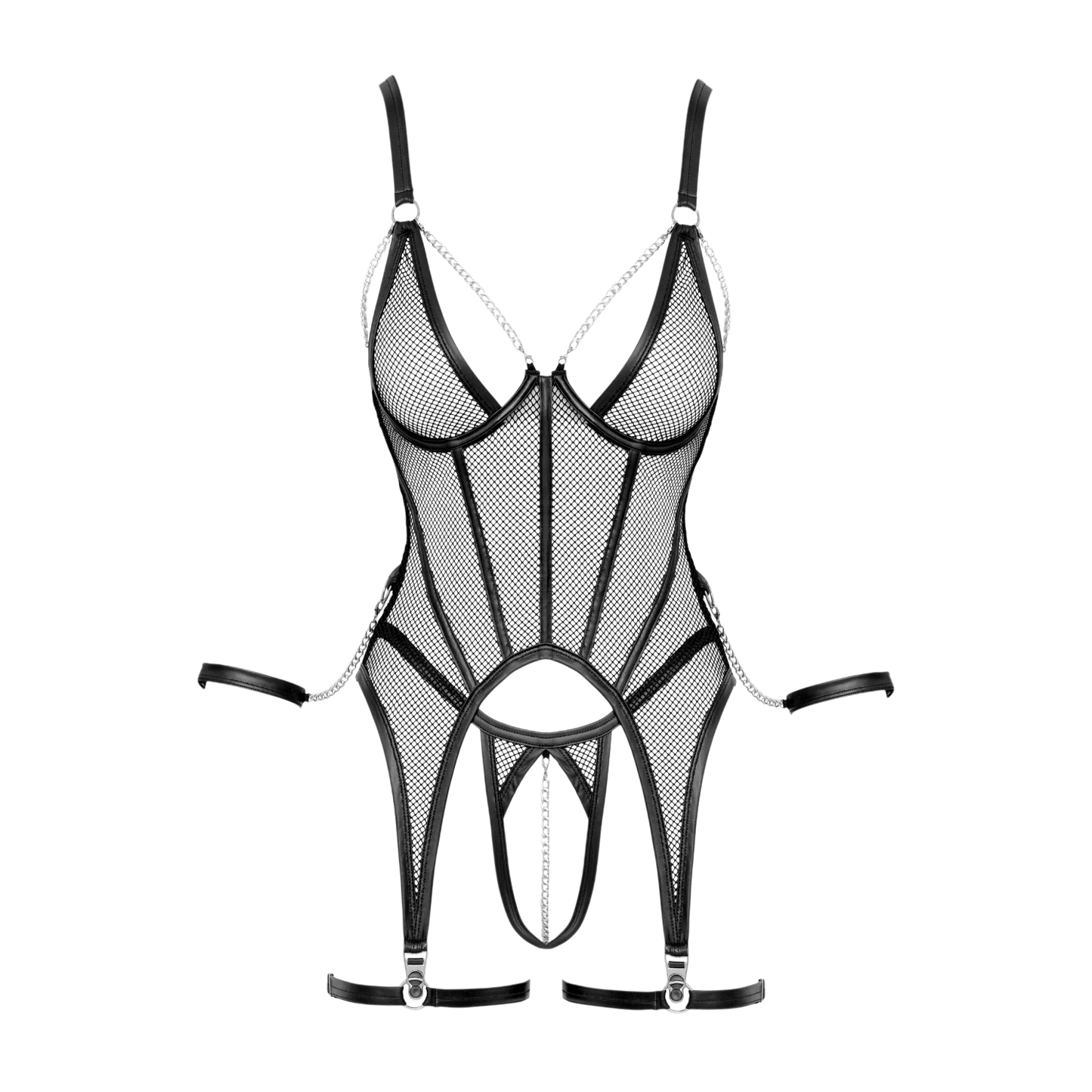 Détail ensemble porte-jarretelles résille noire avec bonnets armatures chaînes et string ouvert à plat - Oh My God'Z