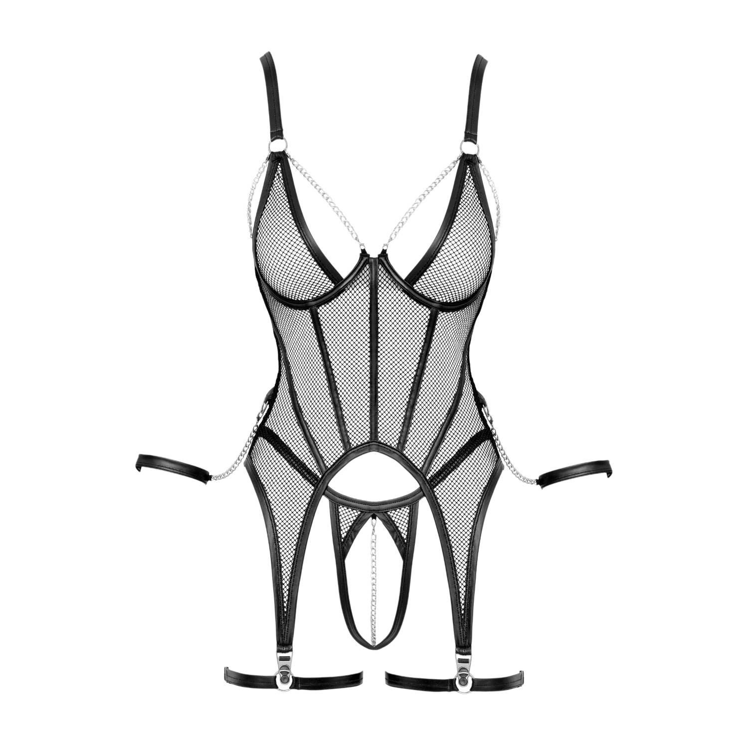 Détail ensemble porte-jarretelles résille noire avec bonnets armatures chaînes et string ouvert à plat - Oh My God'Z