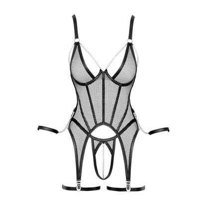 Détail ensemble porte-jarretelles résille noire avec bonnets armatures chaînes et string ouvert à plat - Oh My God'Z