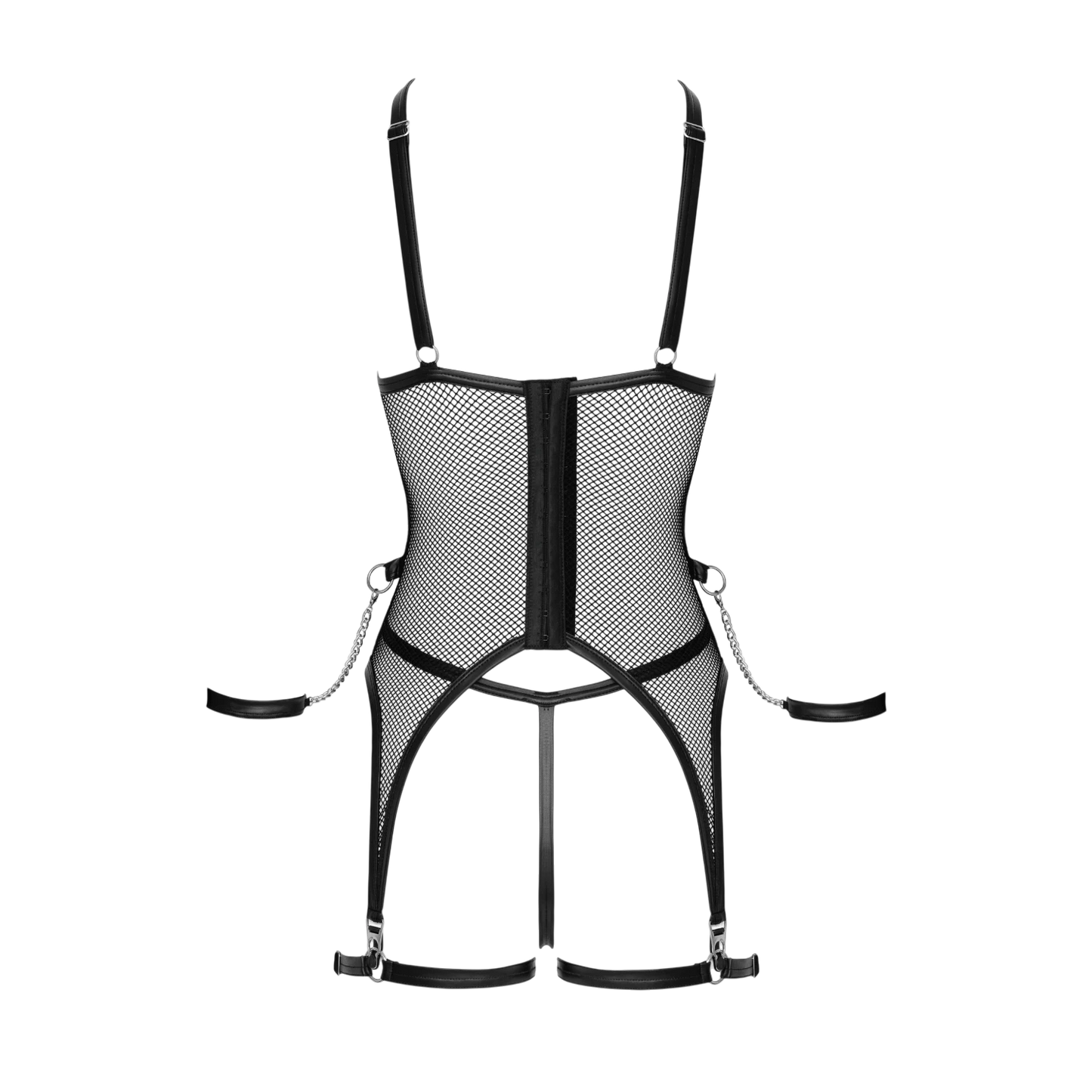 Vue arrière ensemble porte-jarretelles résille noire à plat avec string ouvert et attaches jarretelles - Oh My God'Z