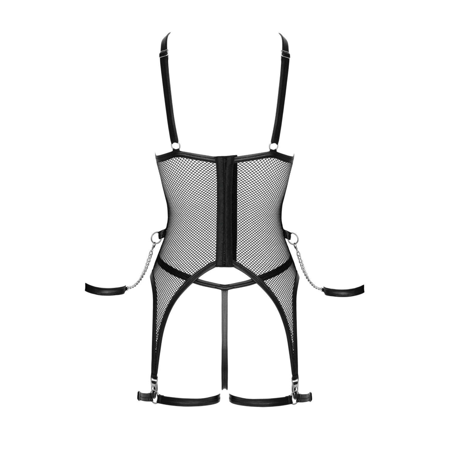 Vue arrière ensemble porte-jarretelles résille noire à plat avec string ouvert et attaches jarretelles - Oh My God'Z
