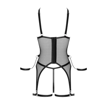 Vue arrière ensemble porte-jarretelles résille noire à plat avec string ouvert et attaches jarretelles - Oh My God'Z