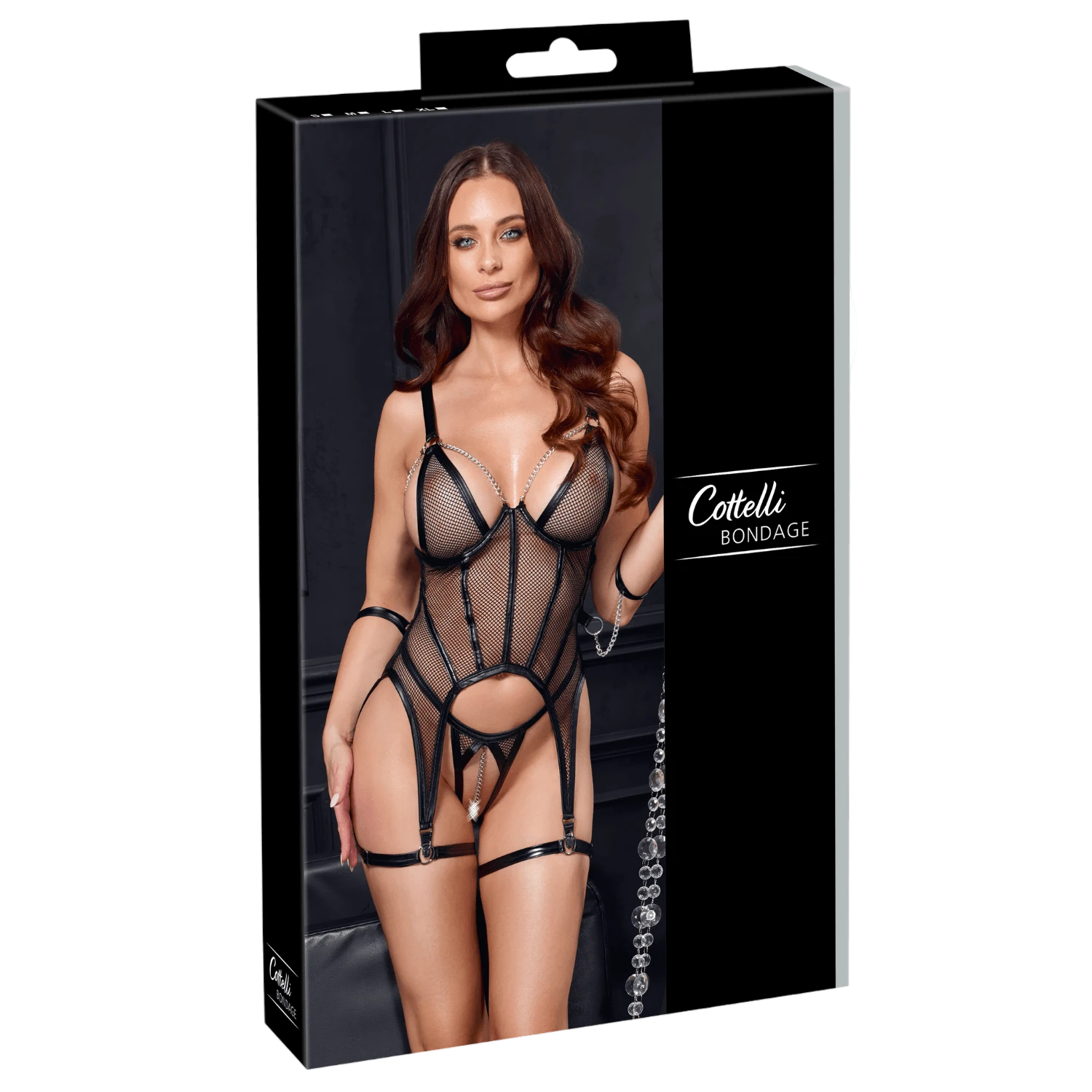Packaging noir Cottelli Bondage avec visuel ensemble porte-jarretelles résille et menottes sur fond sombre - Oh My God'Z
