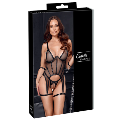 Packaging noir Cottelli Bondage avec visuel ensemble porte-jarretelles résille et menottes sur fond sombre - Oh My God'Z