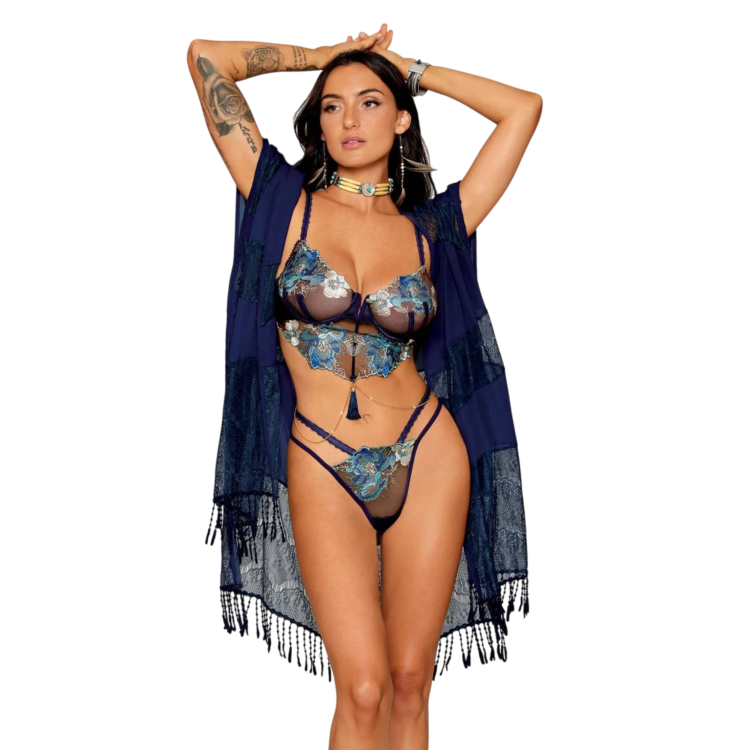 Ensemble lingerie bleu marine avec kimono assorti, soutien-gorge brodé turquoise et string à lanières - Oh My God'Z