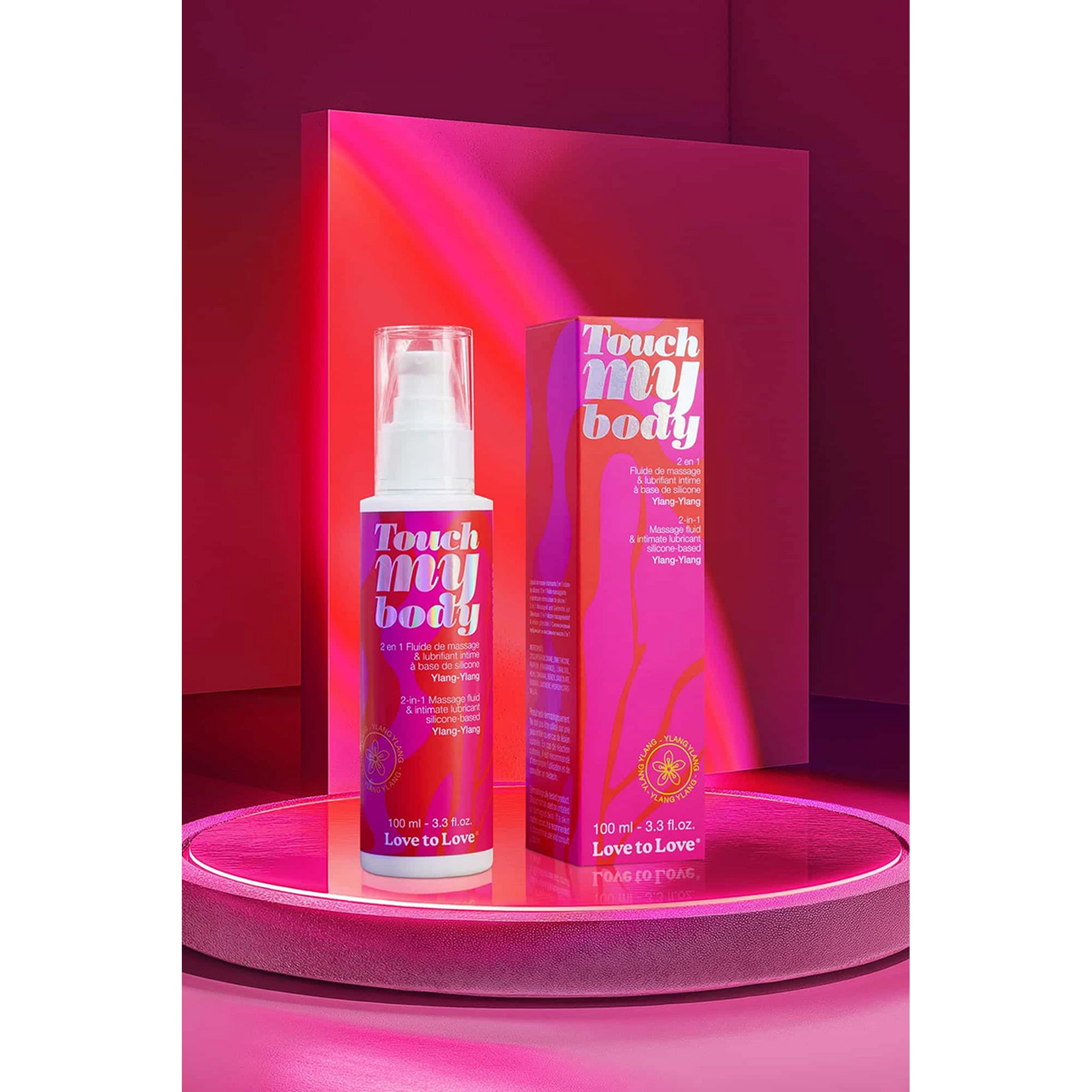 Packaging et flacon rouge du fluide 2-en-1 Touch My Body Ylang-Ylang par Love to Love - Oh My God'Z