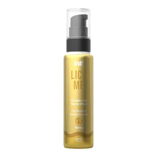 Flacon pompe gel embrassable effet chaud saveur miel Lick Me jaune doré 50ml fond blanc - Oh My God'Z