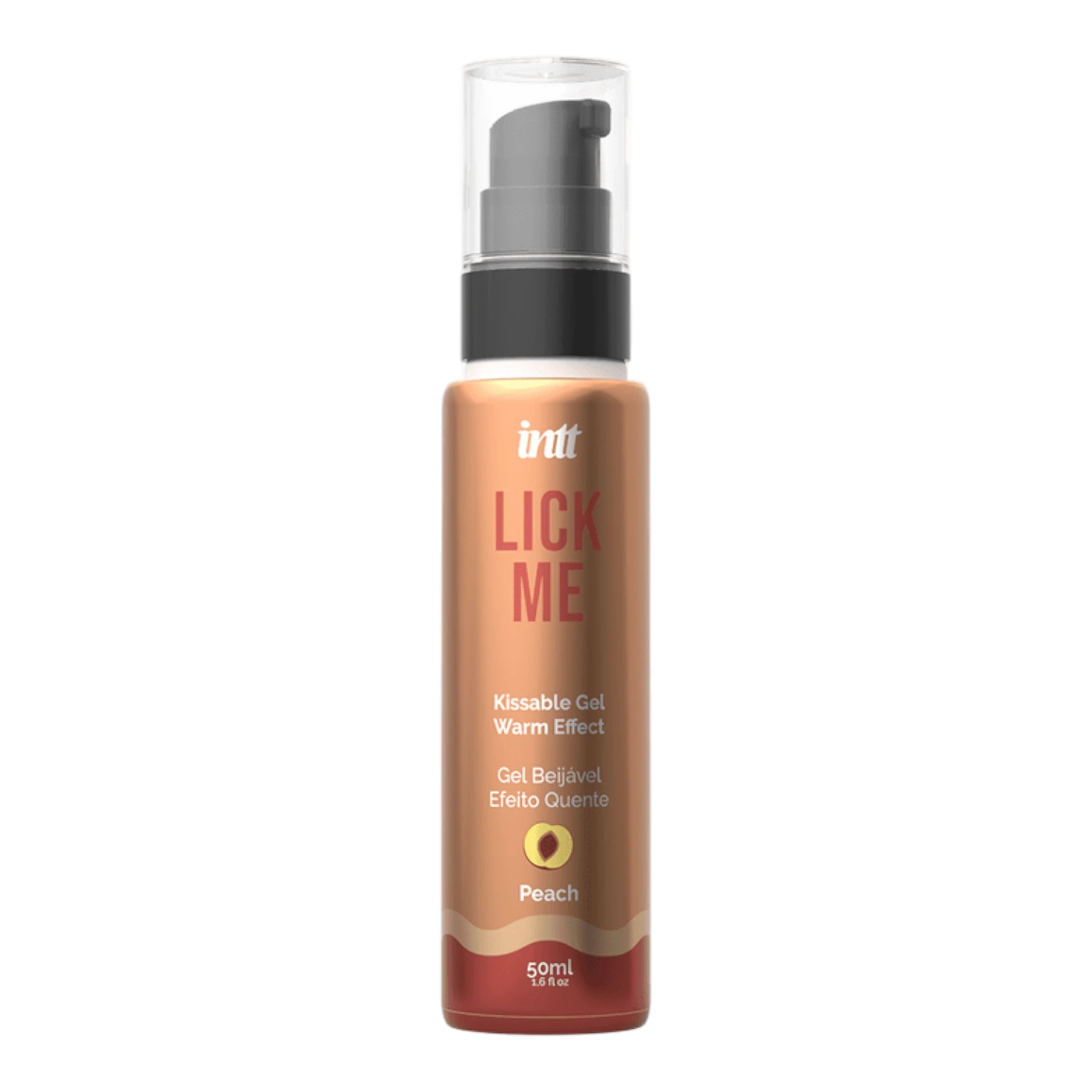 Flacon pompe gel chauffant Lick Me saveur pêche INTT 50ml orange sur fond blanc - Oh My God'Z