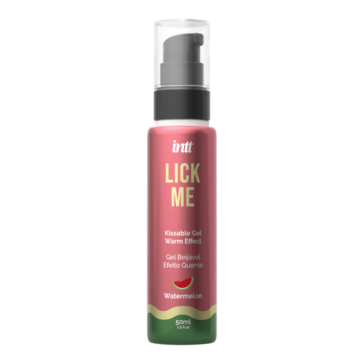 Flacon pompe gel embrassable Lick Me pastèque rose et vert 50ml, effet chauffant sur fond blanc - Oh My God'Z