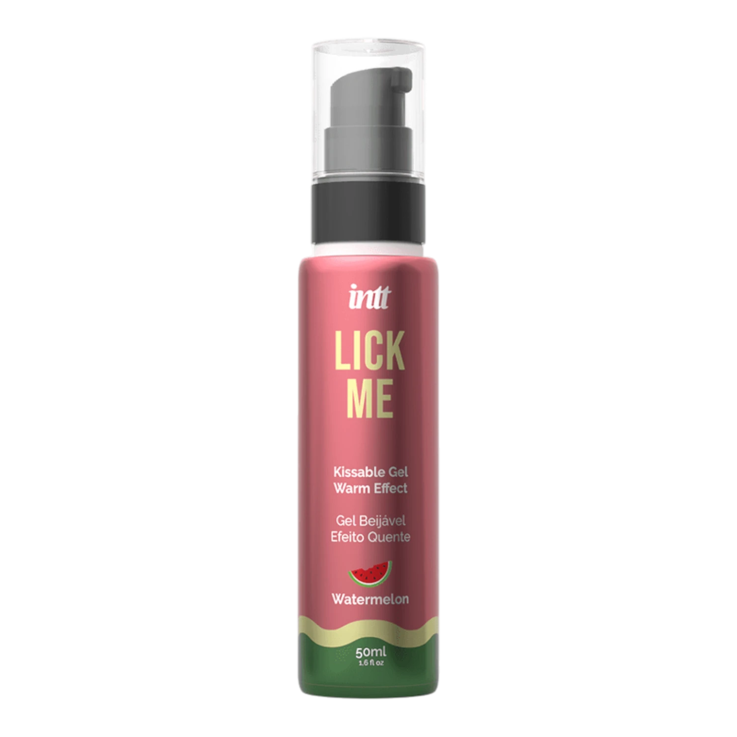 Flacon pompe gel embrassable Lick Me pastèque rose et vert 50ml, effet chauffant sur fond blanc - Oh My God'Z