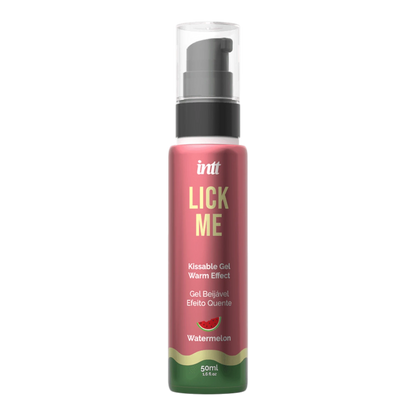 Flacon pompe gel embrassable Lick Me pastèque rose et vert 50ml, effet chauffant sur fond blanc - Oh My God'Z