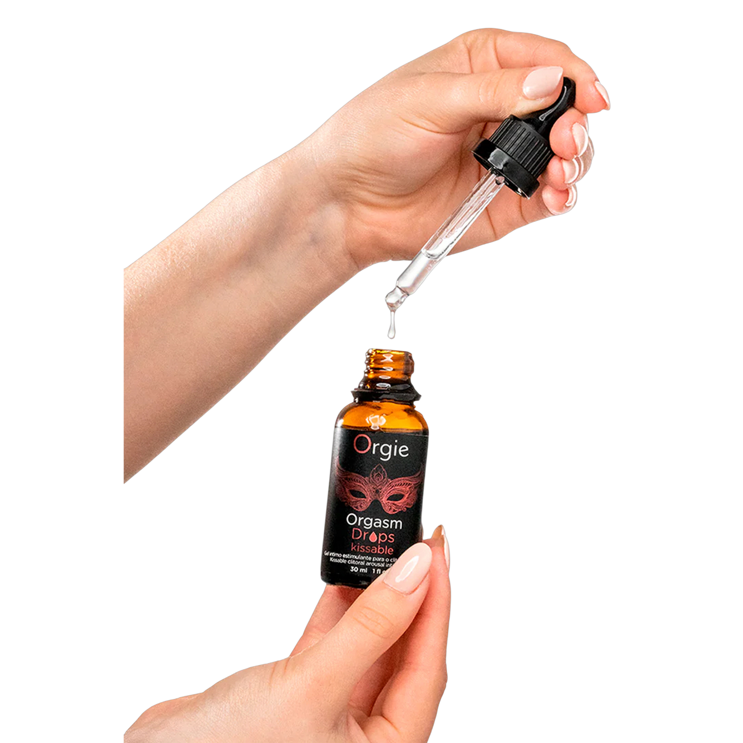 Application du gel Orgasm Drops Kissable Orgie, flacon compte-gouttes avec nuage rouge évoquant la sensualité - Oh My God'Z