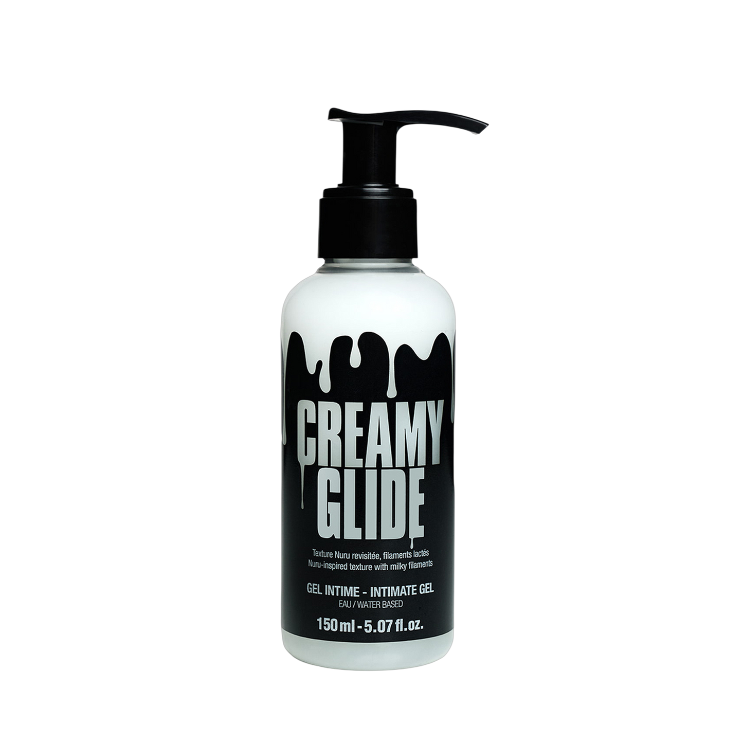 Gel intime Creamy Glide coulant en filaments lactés sur jambe en collant noir - Oh My God'Z
