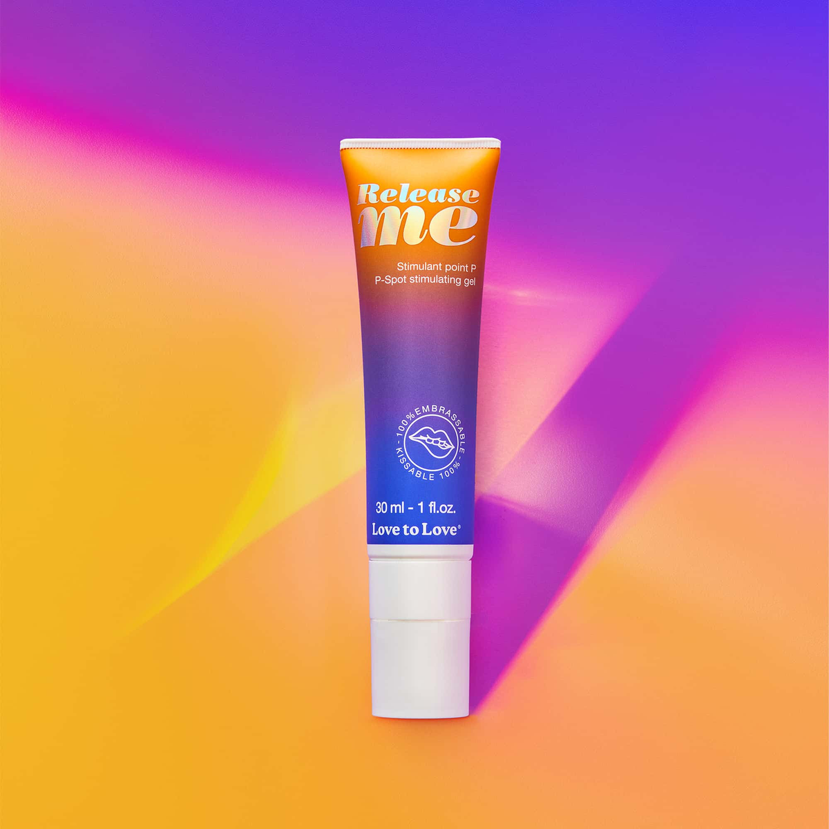 Tube de gel Release Me Love to Love 30 ml, degrade orange bleu violet sur fond colore lumineux - Oh My God'Z