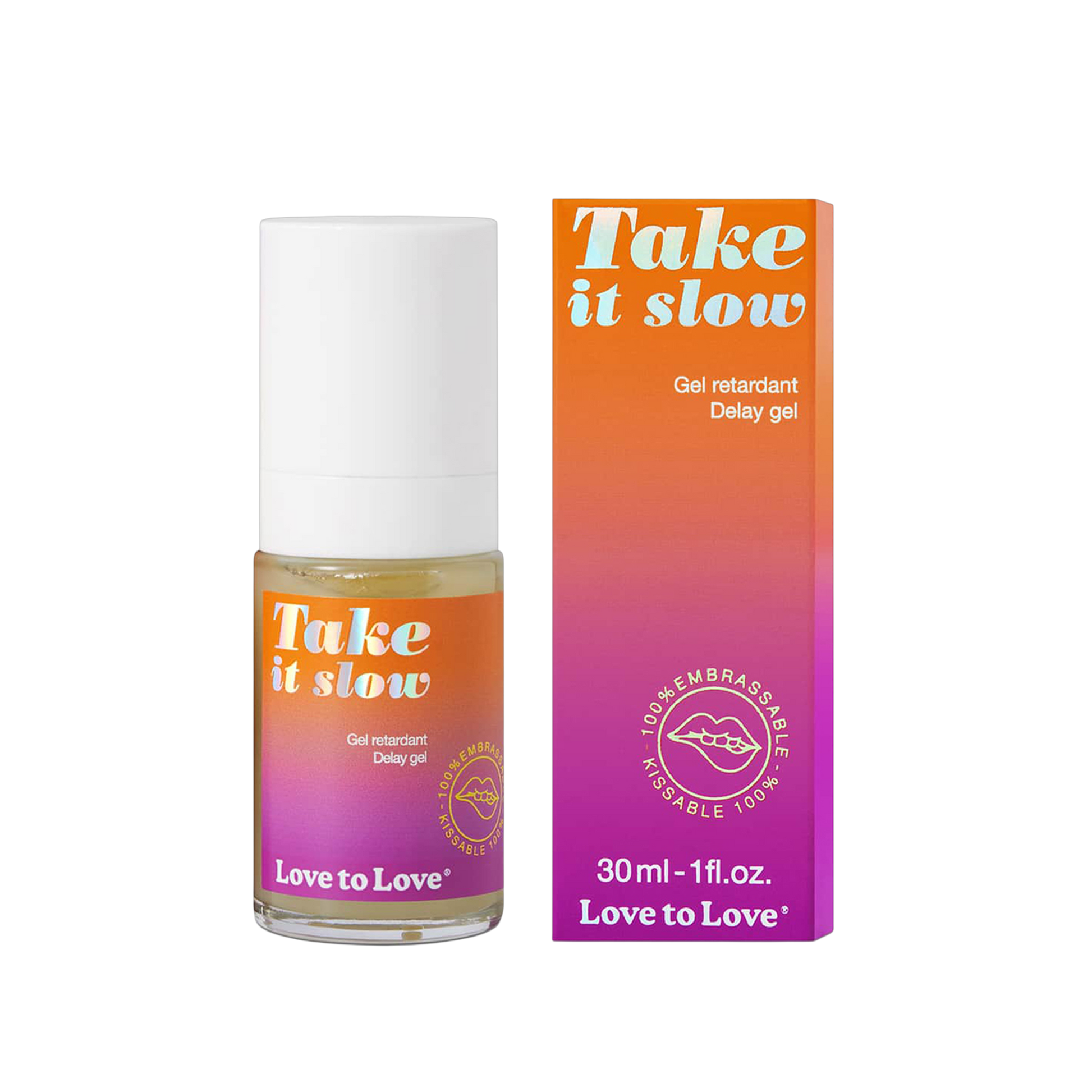 Gel retardant Take It Slow flacon 30ml et packaging orange dégradé rose Love to Love - Oh My God'Z
