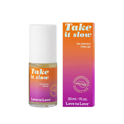 Gel retardant Take It Slow flacon 30ml et packaging orange dégradé rose Love to Love - Oh My God'Z
