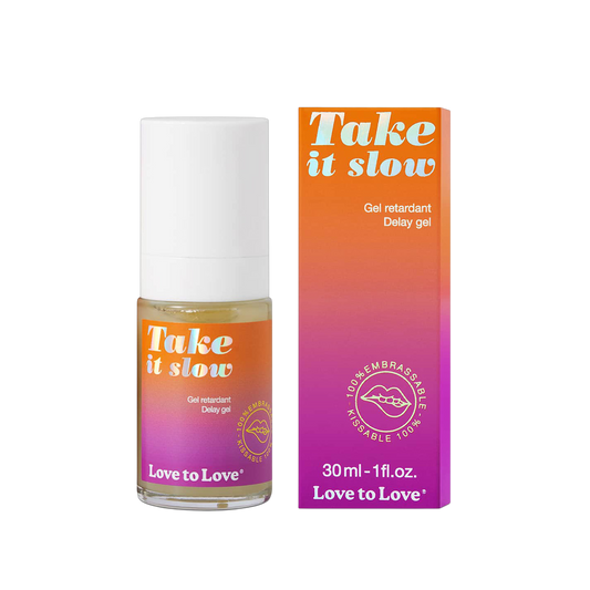 Gel retardant Take It Slow flacon 30ml et packaging orange dégradé rose Love to Love - Oh My God'Z
