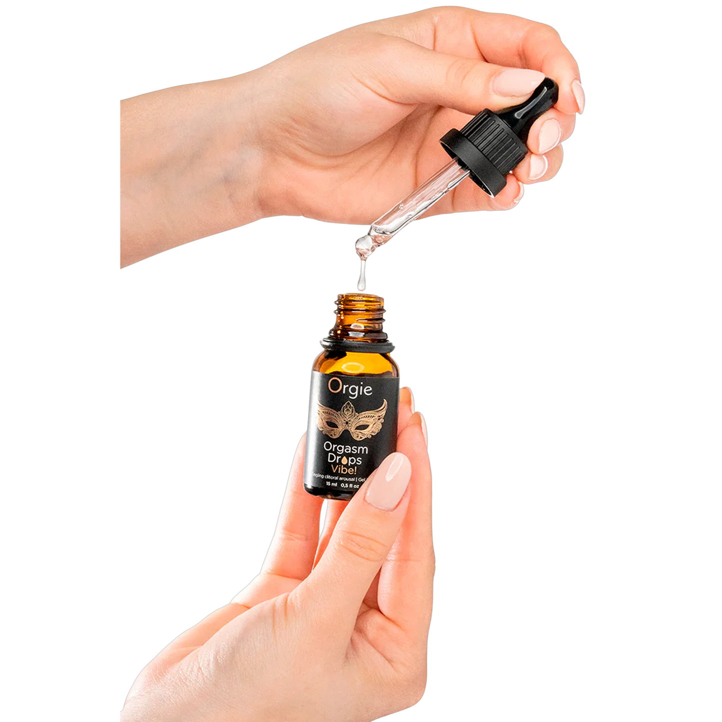 Application du gel stimulant Orgasm Drops Vibe Orgie avec compte-gouttes en verre - Oh My God'Z