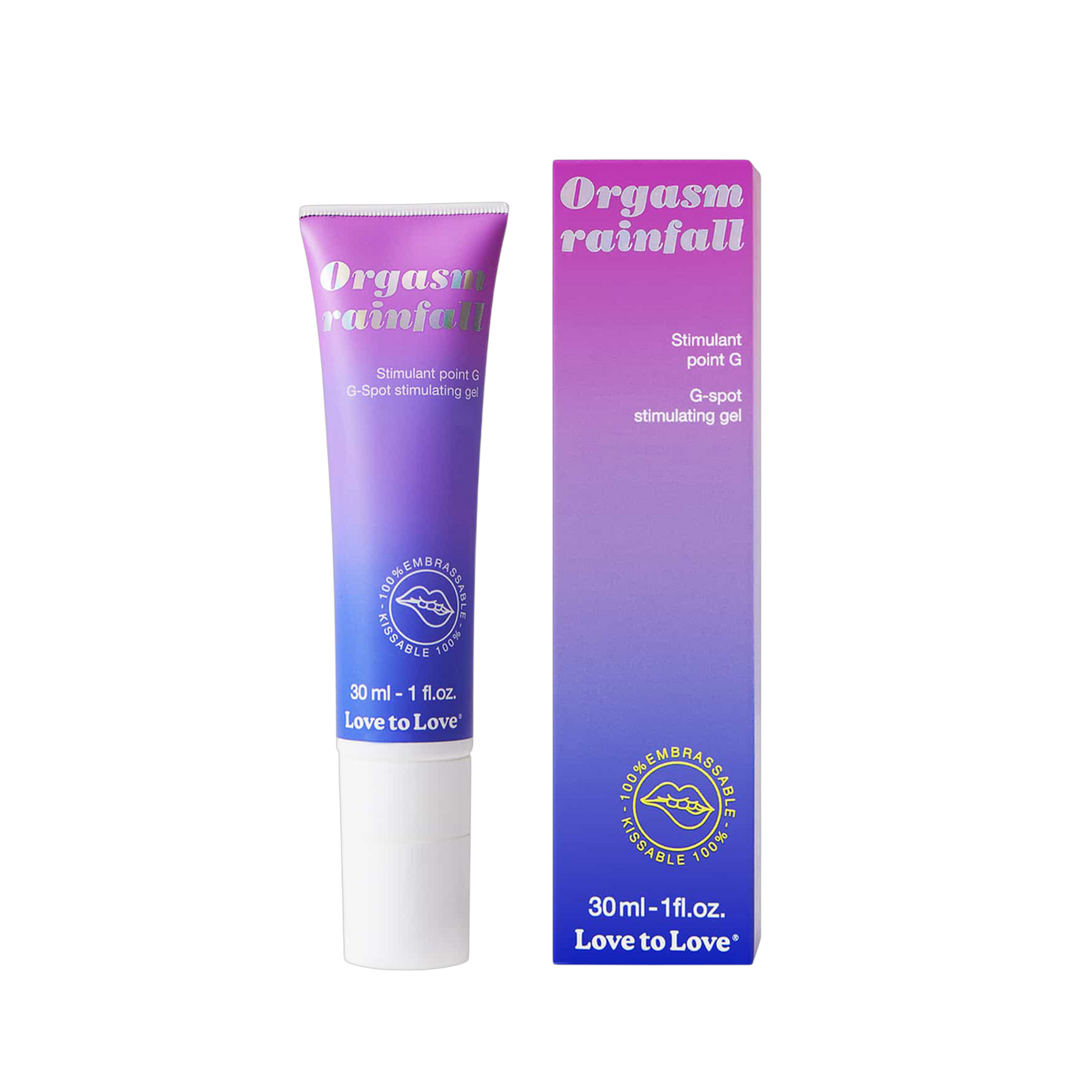 Tube gel stimulant Orgasm Rainfall 30ml Love To Love et son emballage dégradé rose violet - Oh My God'Z