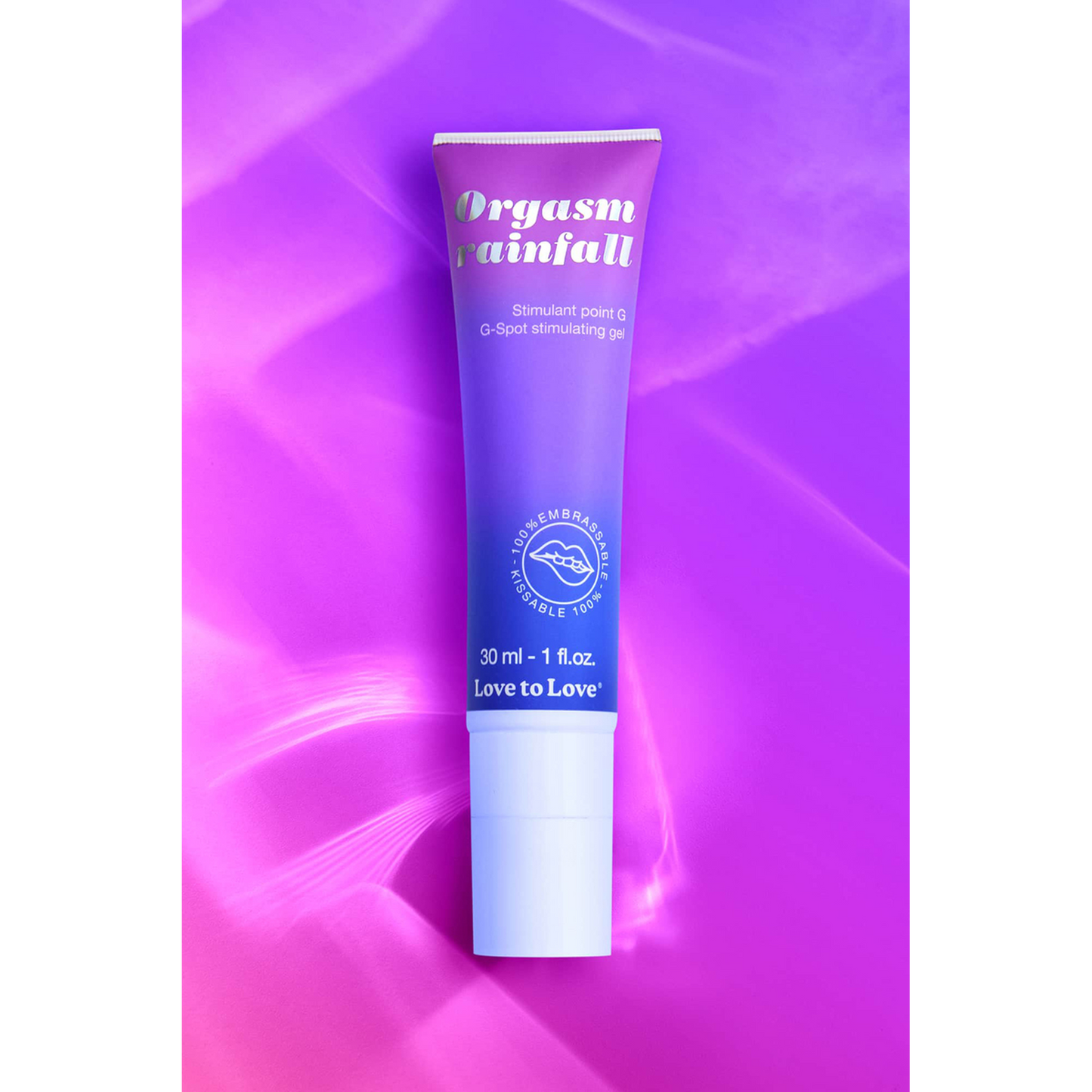 Gel stimulant point G Orgasm Rainfall Love To Love emballage dégradé rose bleu sur fond violet - Oh My God'Z