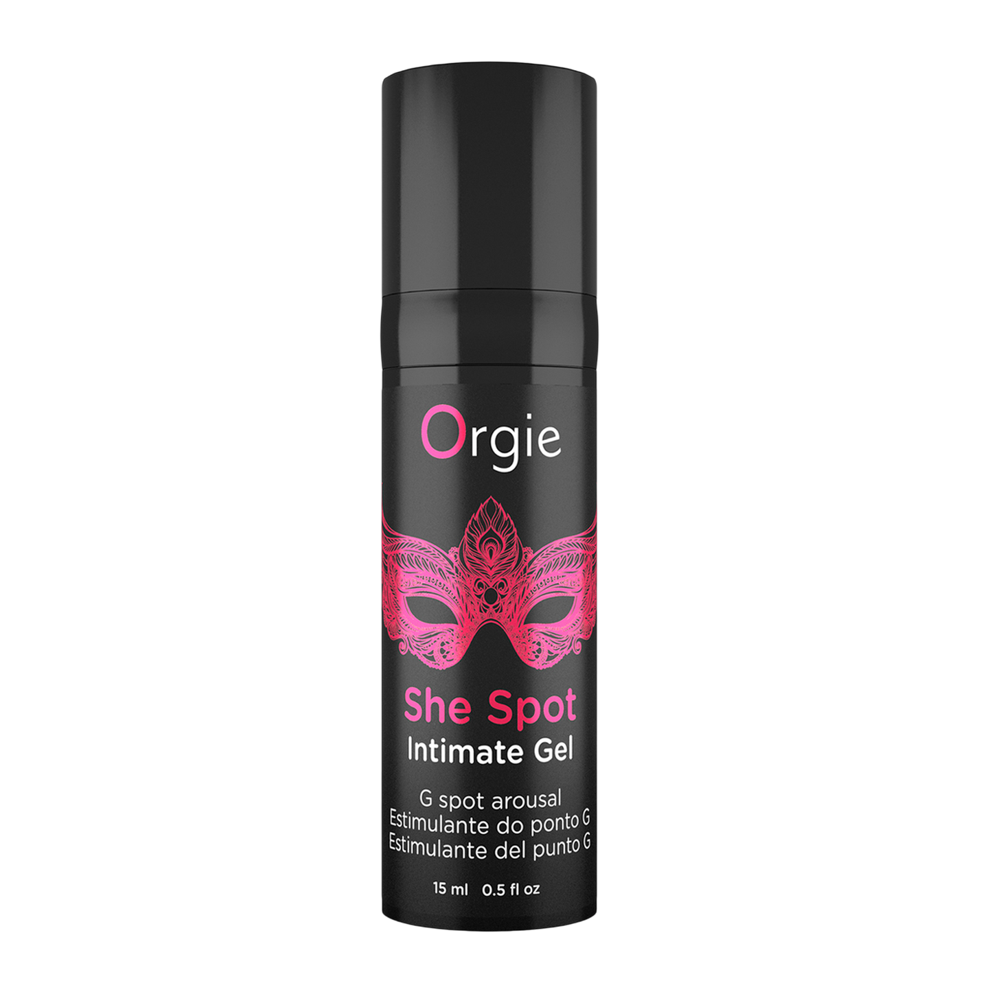 Flacon airless noir Gel She Spot Orgie 15ml avec masque rose et pictogrammes sensations - Oh My God'Z