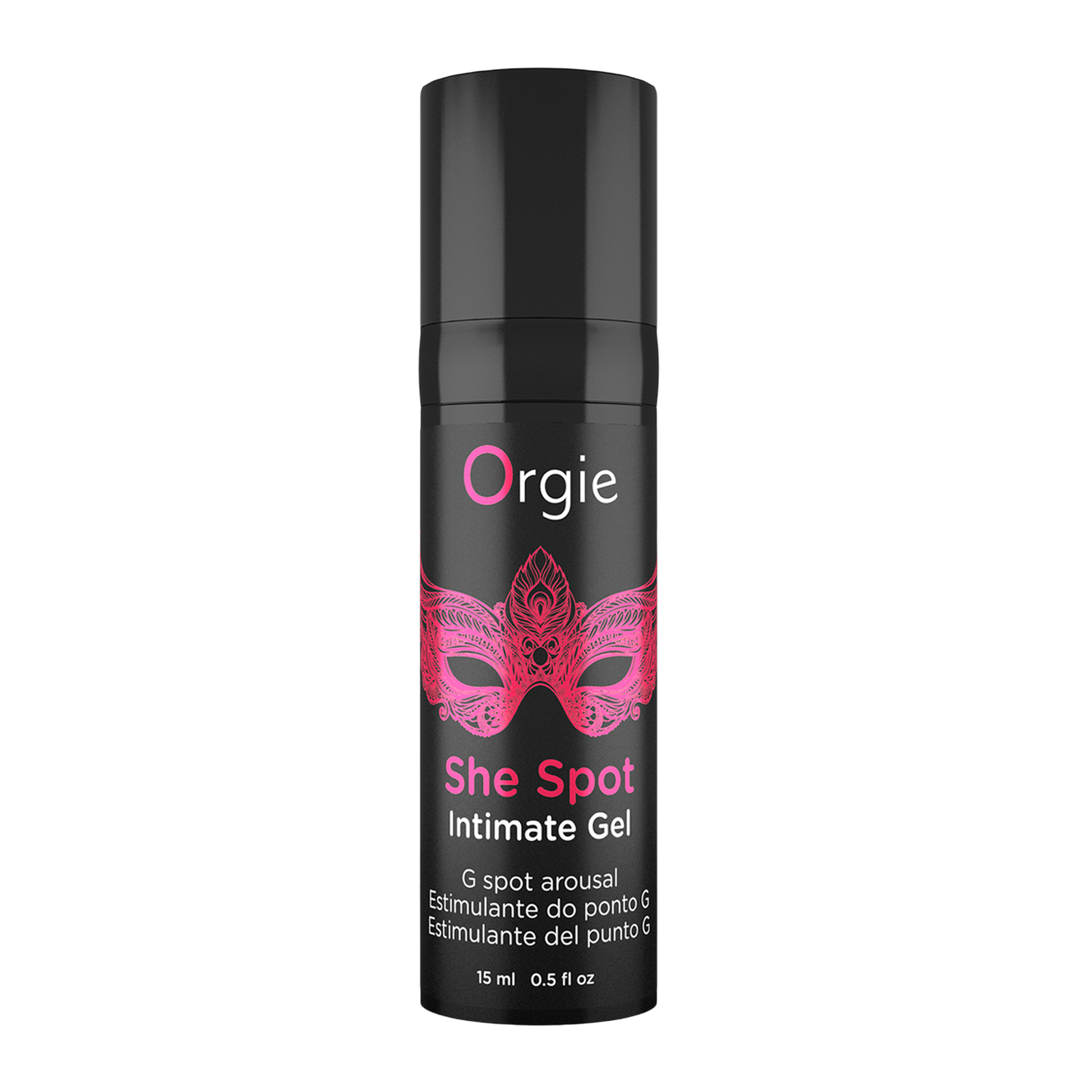 Flacon airless noir Gel She Spot Orgie 15ml avec masque rose et pictogrammes sensations - Oh My God'Z