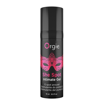 Flacon airless noir Gel She Spot Orgie 15ml avec masque rose et pictogrammes sensations - Oh My God'Z